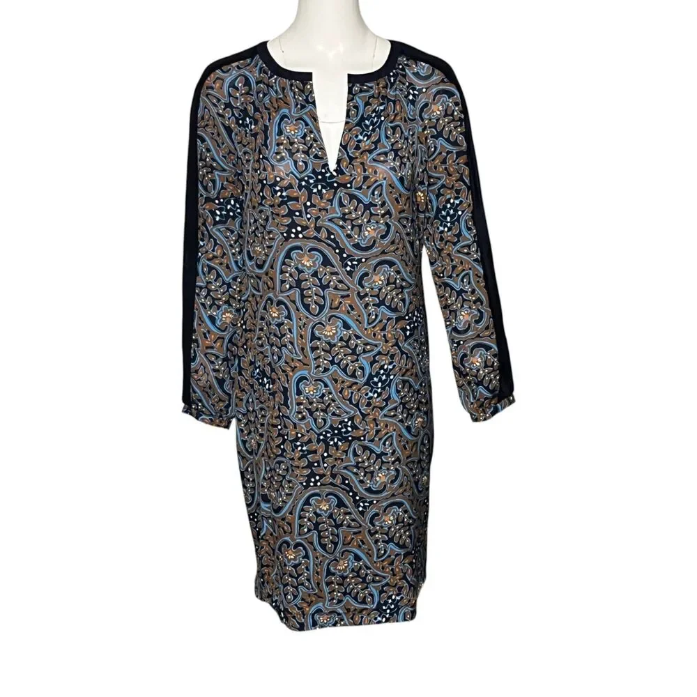 Tory Burch Silk Tunic Shift Dress Size 8 Blue Brown Paisley Print Long Sleeve
